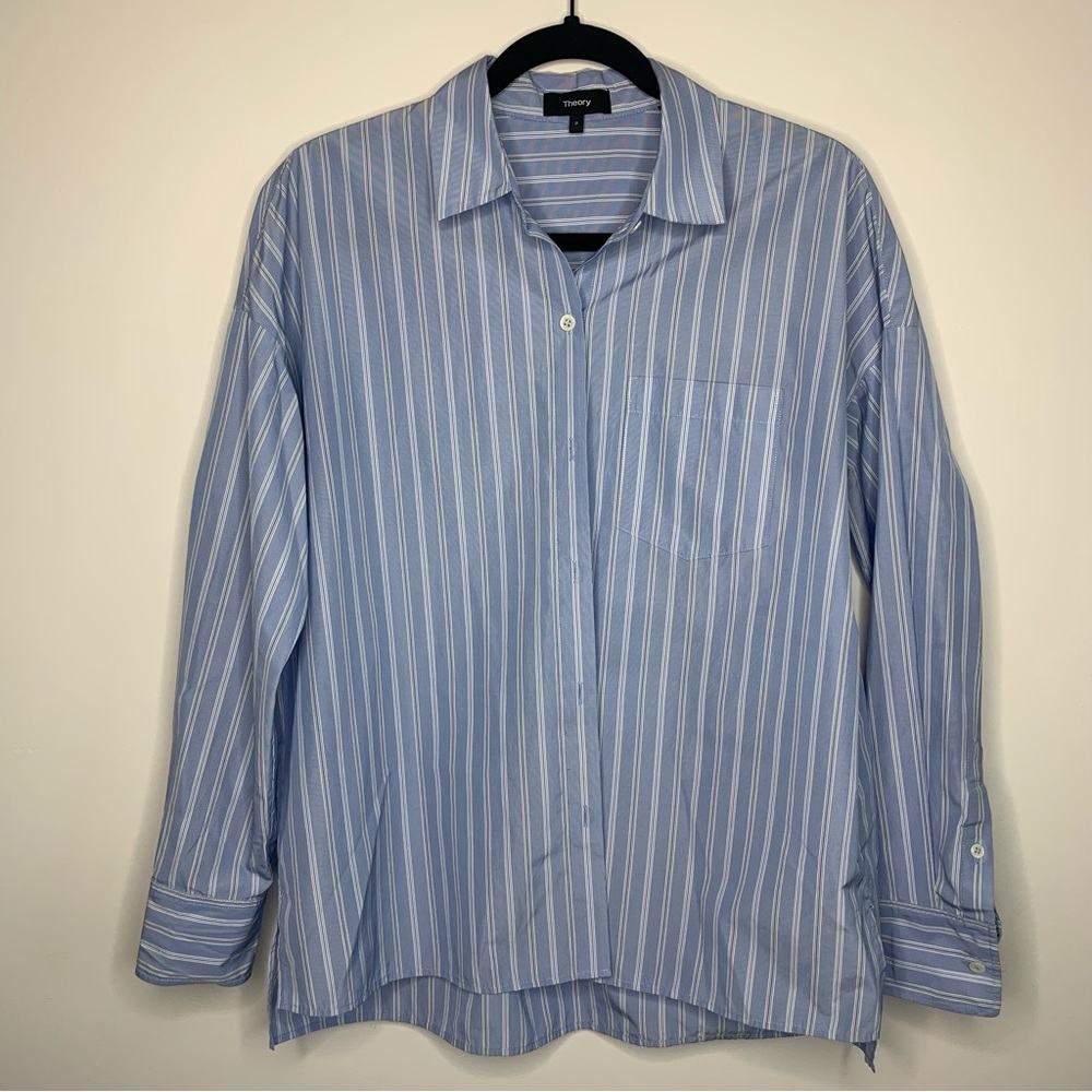 Theory Blue Lourah Cotton Tech Stripe Blouse Size P / Size 0-00